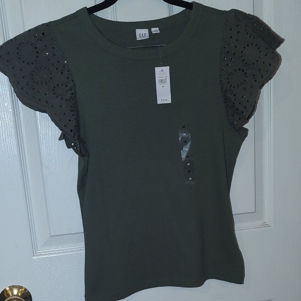 GAP Women's Dark Green Eyelet Sleeve Tee